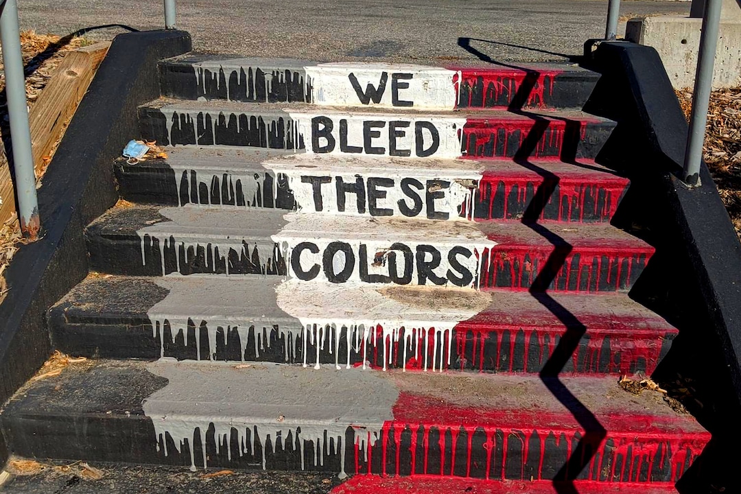 (Photo courtesy of LeMichelle Lane) Pictured are the sidewalks at Bountiful High School, which used to have the school's American Indian mascot painted on them. That was covered over recently as Davis School District considers whether to retire The Braves name.