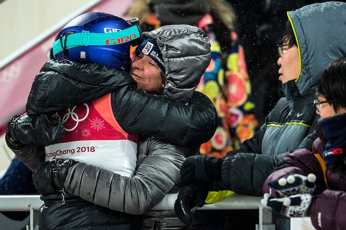 (Chris Detrick  |  The Salt Lake Tribune)  USA's Sarah Hendrickson hugs her mom Nancy Hanson after competing in the Ladies' Normal Hill Individual at the Alpensia Ski Jumping during the Pyeongchang 2018 Winter Olympics Monday, February 12, 2018.  Hendrickson finished in 19th place with a total of 160.6.