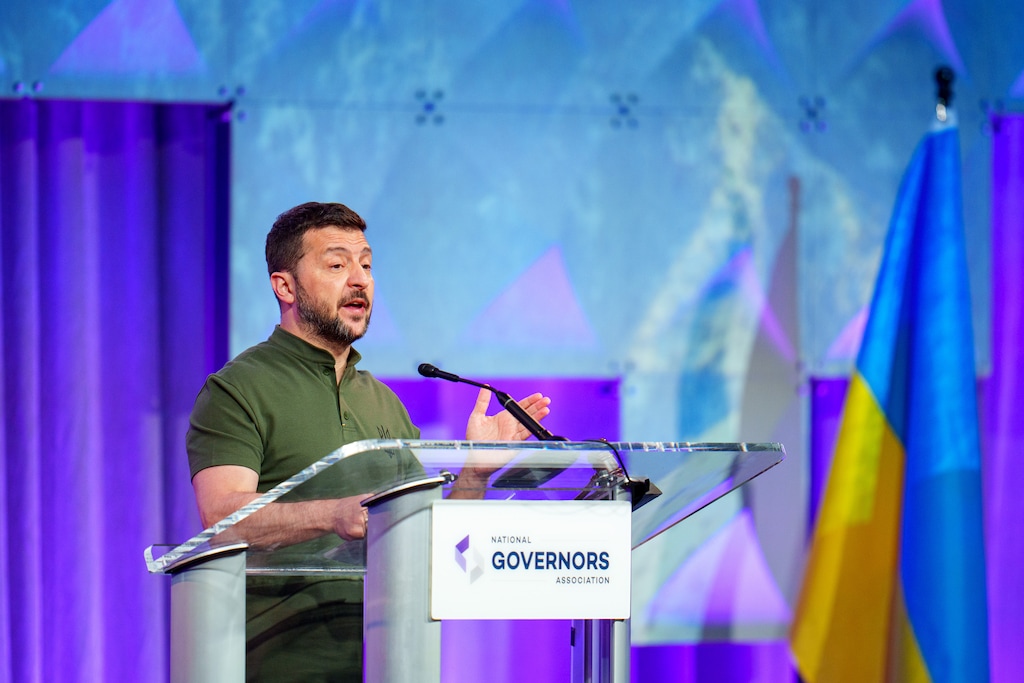 (Trent Nelson  |  The Salt Lake Tribune) Ukrainian President Volodymyr Zelenskyy at the National Governors Association’s summer meeting in Salt Lake City on Friday, July 12, 2024.