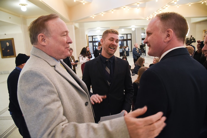 (Francisco Kjolseth  |  The Salt Lake Tribune)  Former Utah senator Jim Dabakis meets with Equality Utah's Troy Williams, center, and Rep. Craig Hall, R-West Valley, before legislation was introduced at the Utah Capitol to ban conversion therapy on Thursday, Feb. 21, 2019. .