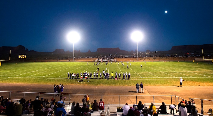 (Rick Egan  |  The Salt Lake Tribune)  The Monument Valley Cougars play their homecoming game against the Newcomb Skyhawks from New Mexico, Friday, September 25, 2015.