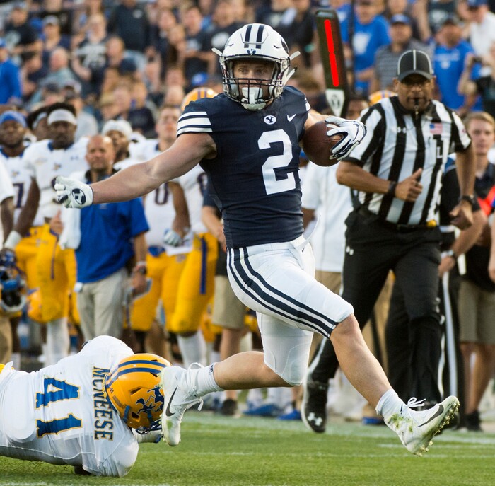 (Rick Egan  |  The Salt Lake Tribune)    Brigham Young running back Matt Hadley (2) runs the ball for the Cougars, in football action Brigham Young Cougars vs McNeese State Cowboys at Lavell Edwards Stadium, Saturday, Sept. 22, 2018.


