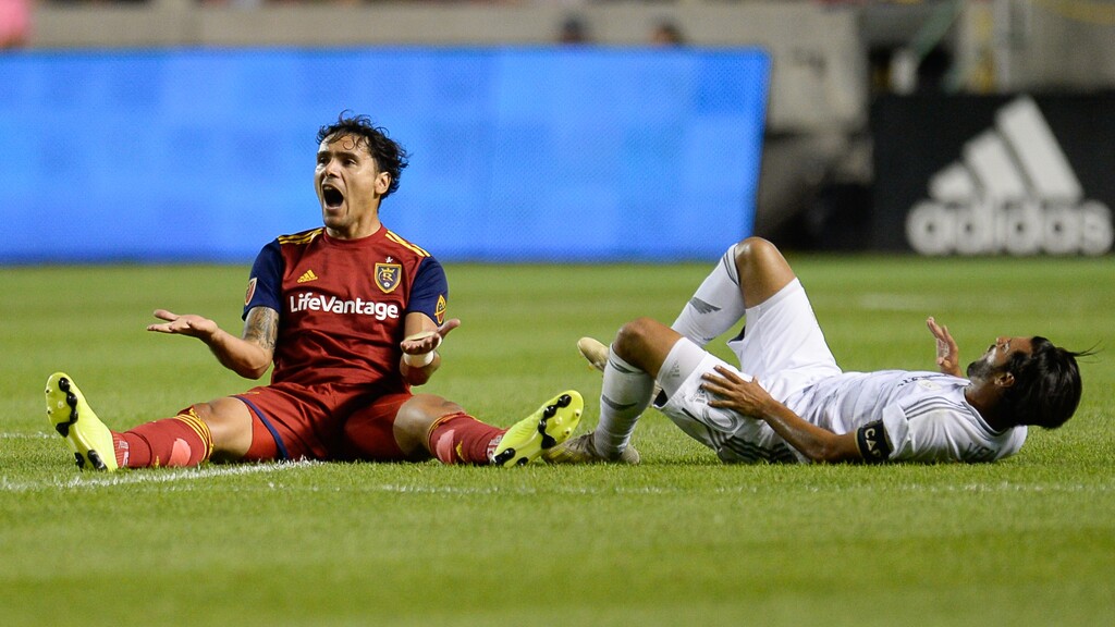 (Francisco Kjolseth | The Salt Lake Tribune) Real Salt Lake defender Marcelo Silva (30) argues a call against Los Angeles FC forward Carlos Vela (10) as Real Salt Lake hosts Los Angeles FC at Rio Tinto Stadium in Sandy on Saturday, Aug. 17, 2019.