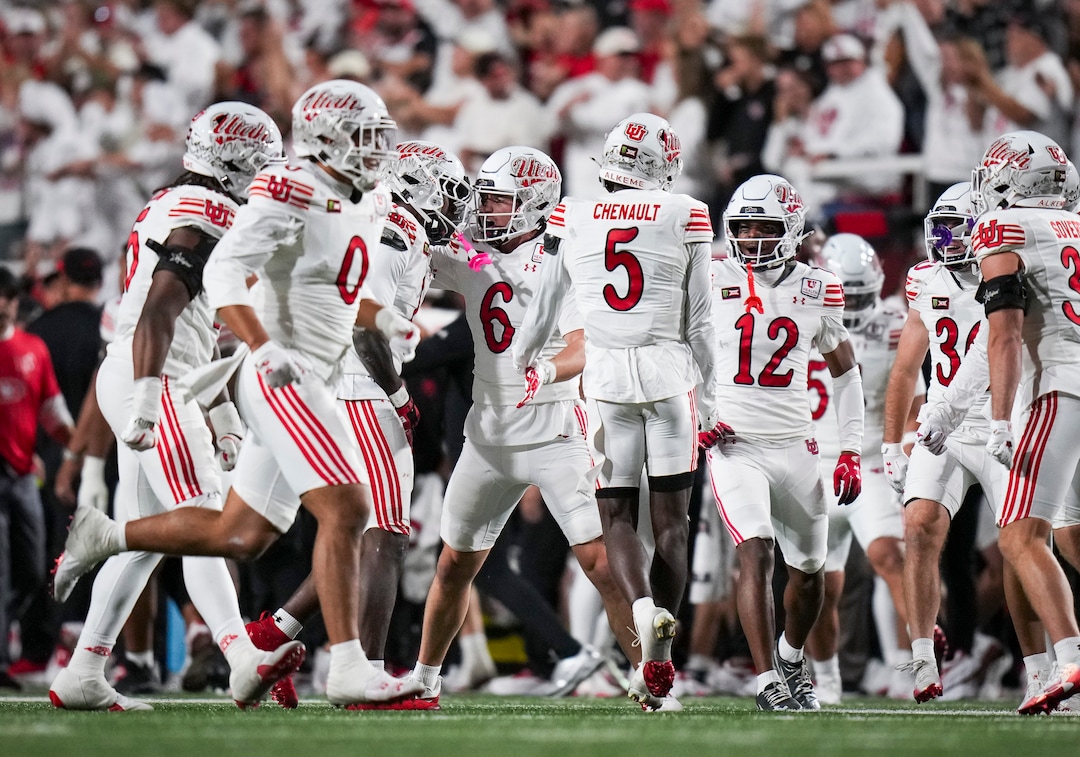 (Bethany Baker  |  The Salt Lake Tribune) Utah Utes celebrate as they force a turnover on downs during the game between the Utah Utes and the Kansas Jayhawks at Rice-Eccles Stadium in Salt Lake City on Saturday, Oct. 10, 2026.