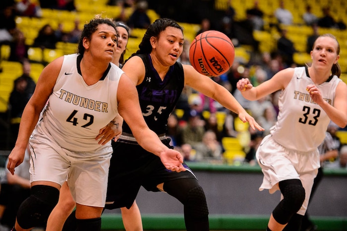 (Trent Nelson | The Salt Lake Tribune)
Lehi vs. Desert Hills, 4A State high school basketball tournament at Utah Valley University in Orem, Thursday March 1, 2018. Desert Hills's Jessica Bills (42) and Lehi's Apelila Galeai (35).