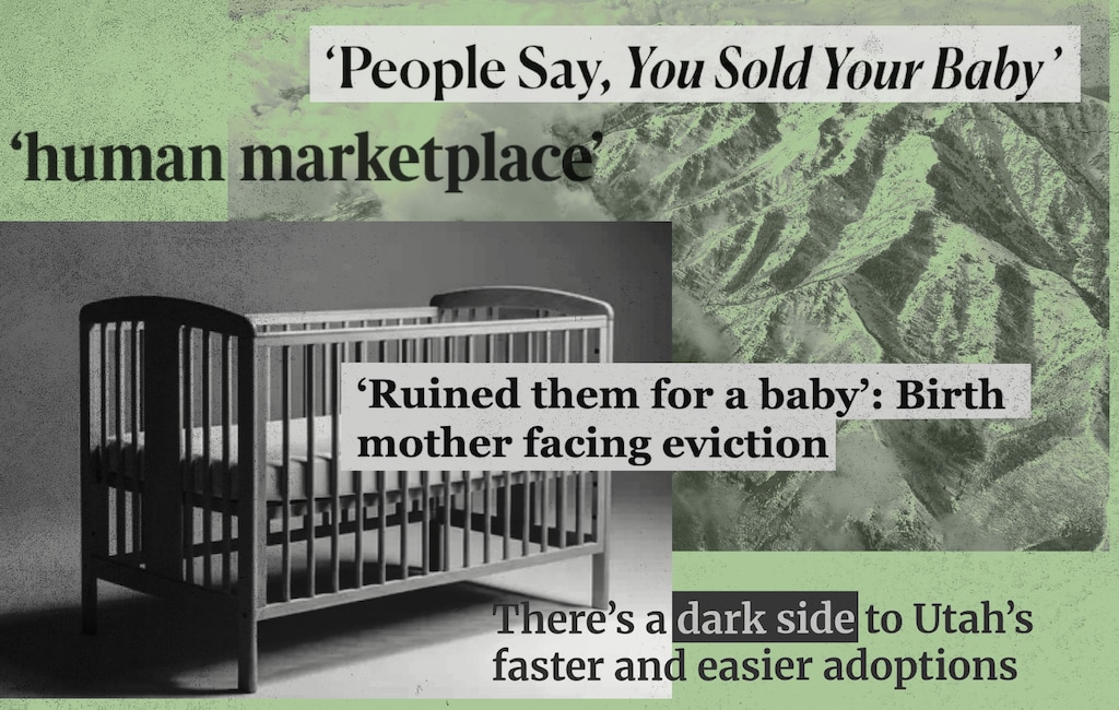 (Illustration by Christopher Cherrington | The Salt Lake Tribune) An illustration of partial headlines from various news organizations reporting on Utah's adoption industry.