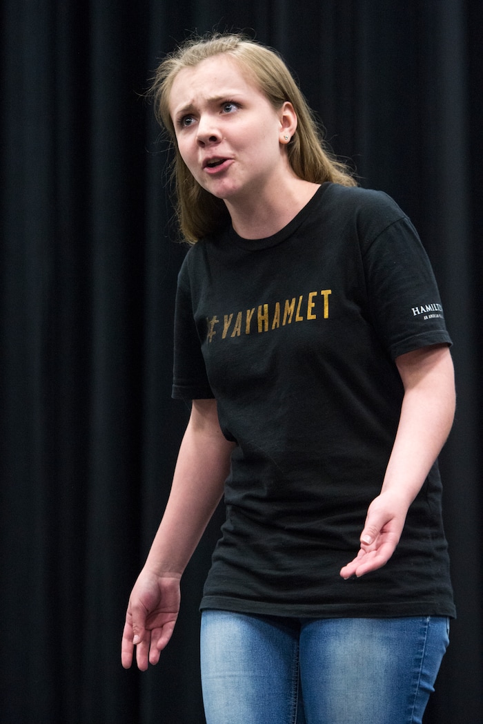 (Rick Egan  |  The Salt Lake Tribune)      Granger High School student Victoria Tinsley performs during a competition for EduHam, an education program that accompanies the Salt Lake City run of "Hamilton." Granger theater teachers Kirsten Anderson and Brian Fuller said 81 students at the West Valley City school participated in the program, which asks students to study original founding documents and create an original work of art -- rap, song, poem, essay, etc. -- from a big moment. Twelve of the regional winners will be invited to perform before a matinee performance of "Hamilton" on May 4. Utah's program is the first to be funded in a public-private match. Wednesday, April 11, 2018.