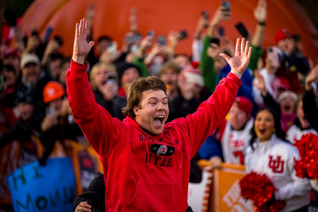 (Trent Nelson  |  The Salt Lake Tribune) Jonah Knubel celebrates his field goal in Pat McAfee’s Kicking Contest during the broadcast of ESPN’s ‘College GameDay’ at the University of Utah in Salt Lake City on Saturday, Nov. 1, 2025.
