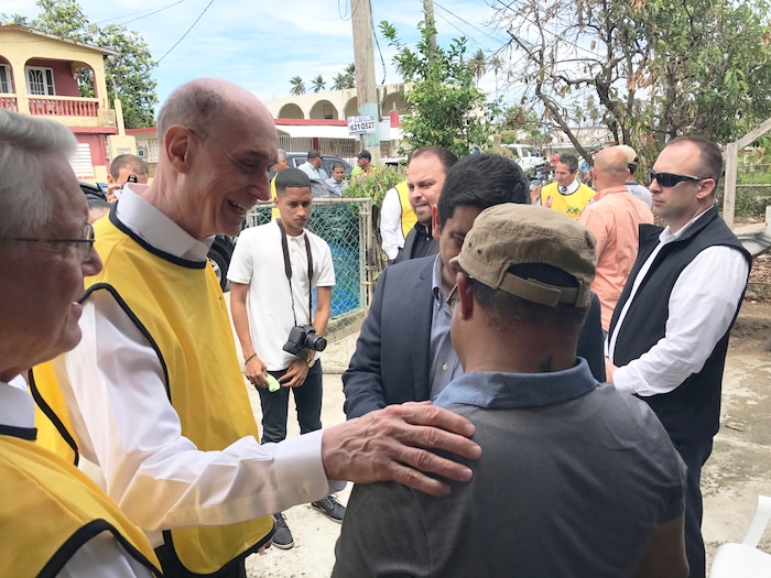 (Courtesy of The LDS Church)  President Henry B. Eyring, first counselor in the First Presidency of The Church of Jesus Christ of Latter-day Saints, visited with government officials and ministered to local Mormons and residents in the Caribbean Friday, September 15, 2017, in the wake of Hurricane Irma.
