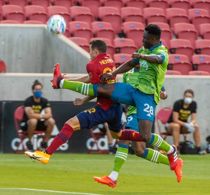 (Rick Egan  |  The Salt Lake Tribune)    Real Salt Lake defender Aaron Herrera (22) and Seattle Sounders defender, Yeimar Gmez Andrade go for the ball, in MLS soccer action between Real Salt Lake and the Seattle Sounders, at Rio Tinto Stadium, Wednesday, Sept. 2, 2020.