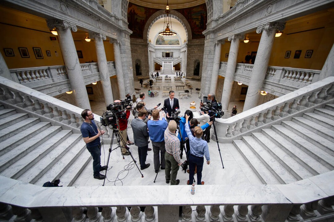 (Trent Nelson | The Salt Lake Tribune)  Mitt Romney speaks with reporters at the Utah Capitol in Salt Lake City, Tuesday Feb. 27, 2018.
