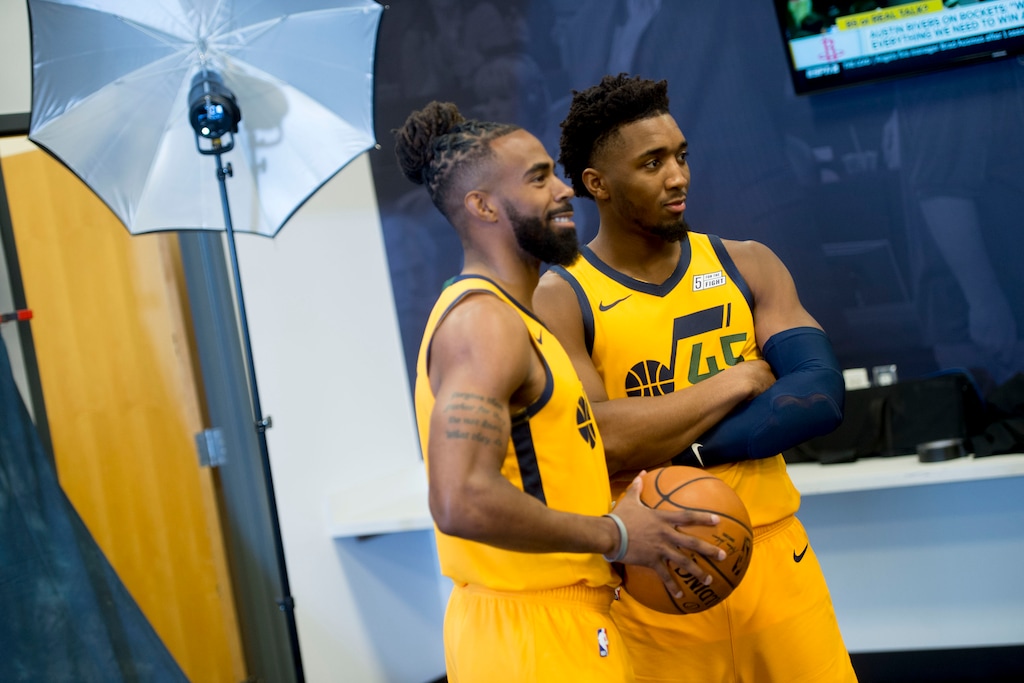 (Jeremy Harmon  |  The Salt Lake Tribune) Donovan Mitchell and Mike Conley are photographed together during media day with the Utah Jazz on Monday, September 30, 2019.