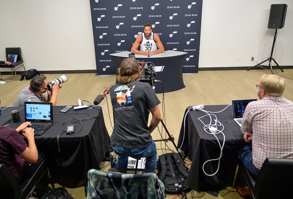 (Chris Samuels | The Salt Lake Tribune) Center Rudy Gobert answers questions at Utah Jazz media day at Vivint Arena, Monday, Sept. 27, 2021 in Salt Lake City.