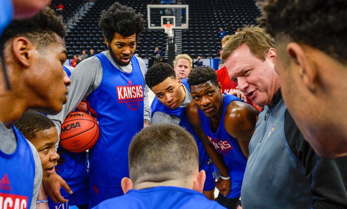 Leah Hogsten  |  The Salt Lake Tribune  Kansas Jayhawks head coach Bill Self talks with players during practice on Wednesday at Vivint Smart Home Arena, prior to their round one game against the Northeastern Huskies on Thursday at the 2019 NCAA Division I Men's Basketball Championship, March 20, 2019.