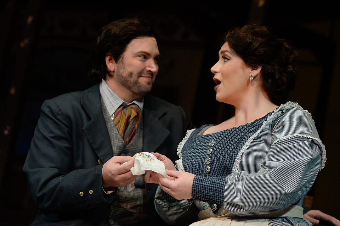 (Francisco Kjolseth  |  The Salt Lake Tribune)  Utah Opera's season opener, "La bohème," Puccini's popular tearjerker about starving artists in turn-of-the-century Paris, opens for five shows on Oct. 7, 2017. On set were: Jennifer Black (Mimì) and Scott Quinn (Rodolfo).
