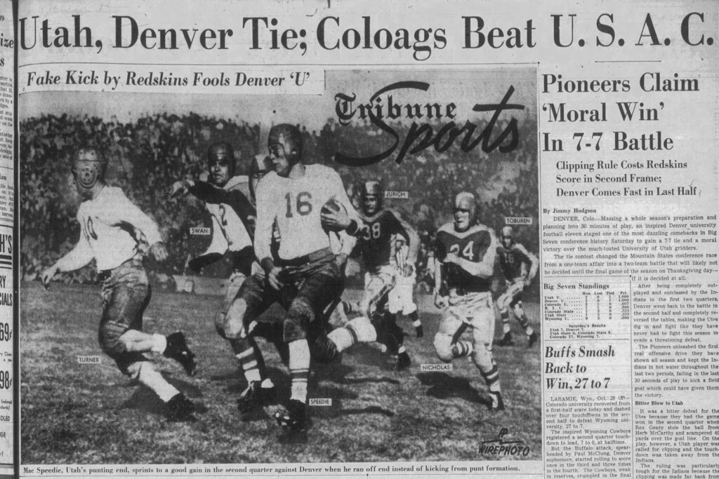 (Photo courtesy of newspapers.com) Mac Speedie (16) is seen running the ball on The Salt Lake Tribune sports page from Oct. 29, 1939.
