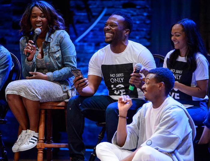 (Trent Nelson | The Salt Lake Tribune) Members of the touring cast of "Hamilton" answer questions from students in the Hamilton Education Project, or EduHam, at the Eccles Theater in Salt Lake City, Friday May 4, 2018.
