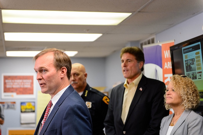 (Trent Nelson | The Salt Lake Tribune) Salt Lake County Mayor Ben McAdams speaks at a news conference on Operation Rio Grande, at Odyssey House in Salt Lake City, Tuesday August 22, 2017. At rear are Salt Lake Police Chief Mike Brown, Rep. Jim Dunnigan, R-Taylorsville, and Salt Lake City Mayor Jackie Biskupski.