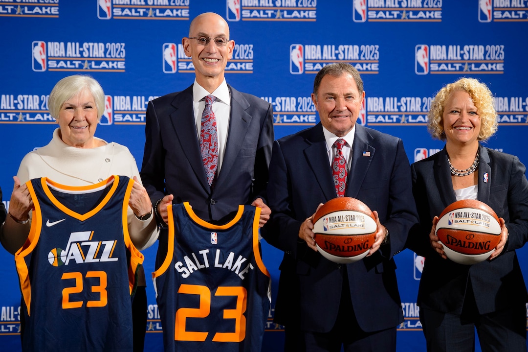 (Trent Nelson  |  The Salt Lake Tribune)The Utah Jazz and NBA announce that Salt Lake City will host the 2023 NBA All-Star Game. Wednesday Oct. 23, 2019. From left, Larry H. Miller Group of Companies owner Gail Miller, NBA Commissioner Adam Silver, Utah Governor Gary Herbert, and Salt Lake City Mayor Jackie Biskupski.