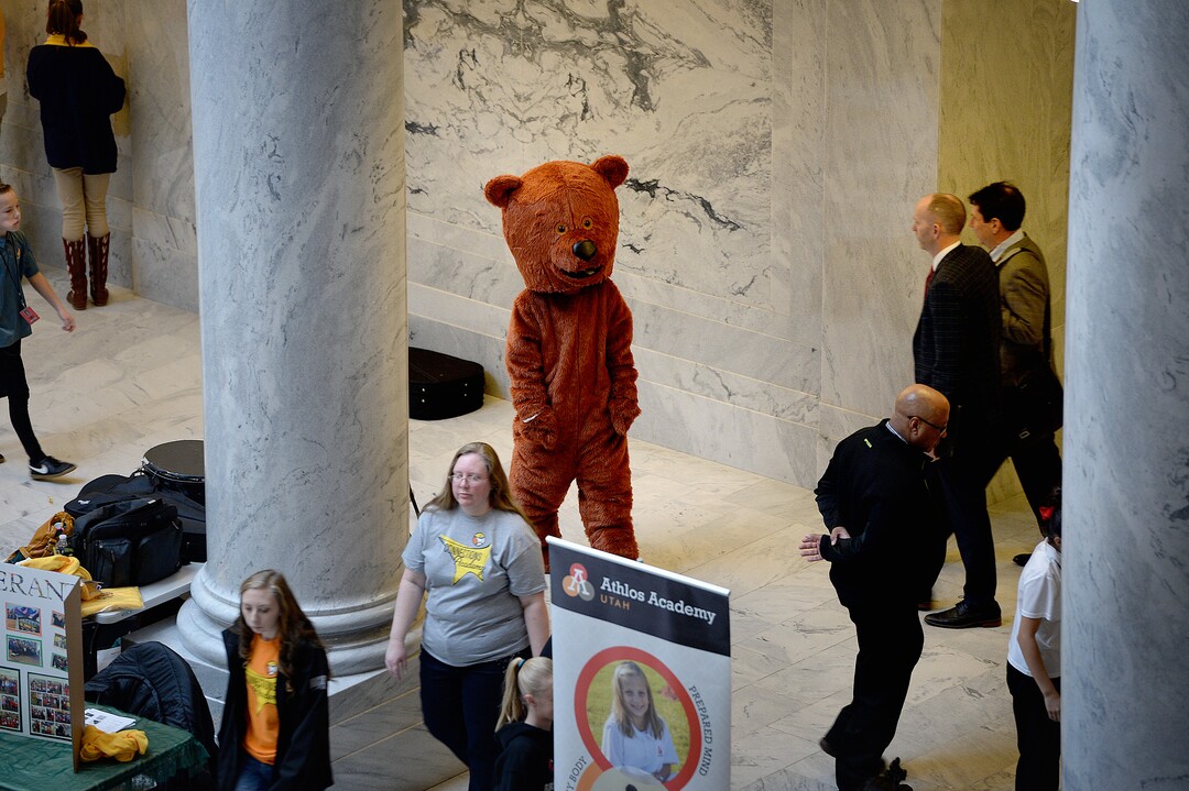 (Scott Sommerdorf   |  The Salt Lake Tribune)  A bear mascot with a charter schools group paced the floor of the Utah Capitol rotunda prior to participating in an event, Thursday, January 25, 2018.