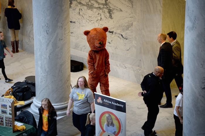 (Scott Sommerdorf   |  The Salt Lake Tribune)  
A bear mascot with a charter schools group paced the floor of the Utah Capitol rotunda prior to participating in an event, Thursday, January 25, 2018.