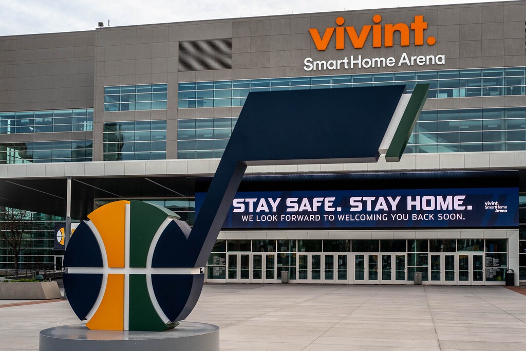(Trent Nelson  | Tribune file photo) A sign at Salt Lake City's Vivint SmartHome Arena advises, "Stay safe. Stay home," on Saturday, April 4, 2020.
