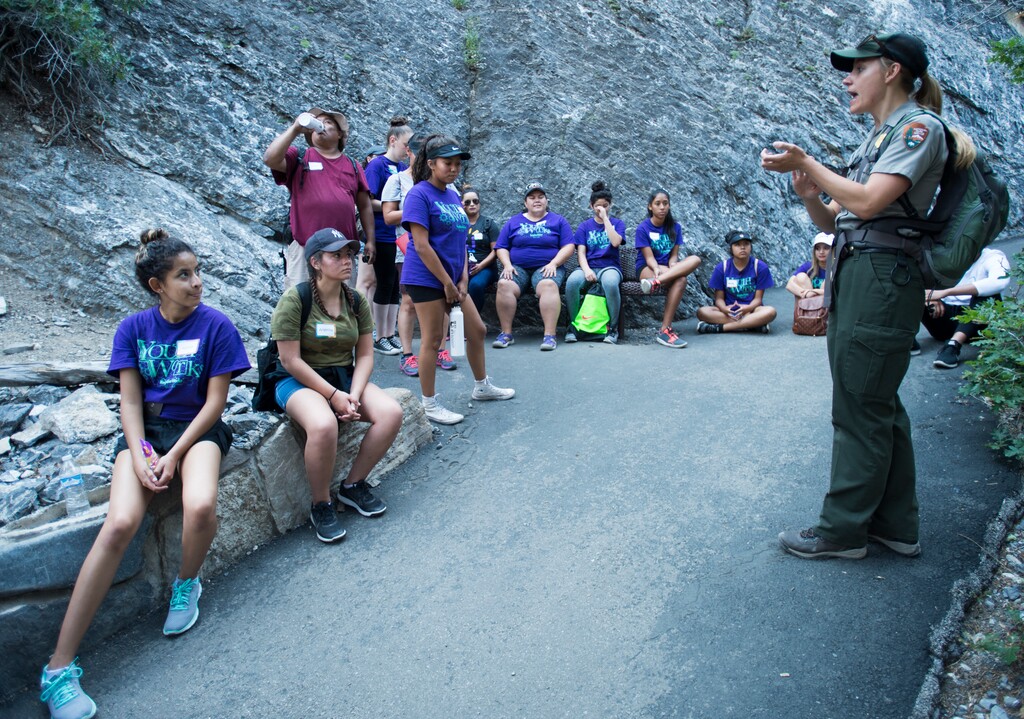 (Rick Egan  |  The Salt Lake Tribune)  Ranger Cassidy Jones teaches the teens from the Youthworks program about bats during a stop along the trail on the way to Timpanogos Cave, Thursday, Aug. 3, 2017.