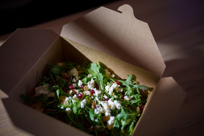 (Trent Nelson  |  The Salt Lake Tribune) The Roka salad (arugula, seasonal fruit, toasted almonds, house myzithra, white balsamic vinaigrette) at Manoli's in Salt Lake City on Saturday, Jan. 8, 2022.