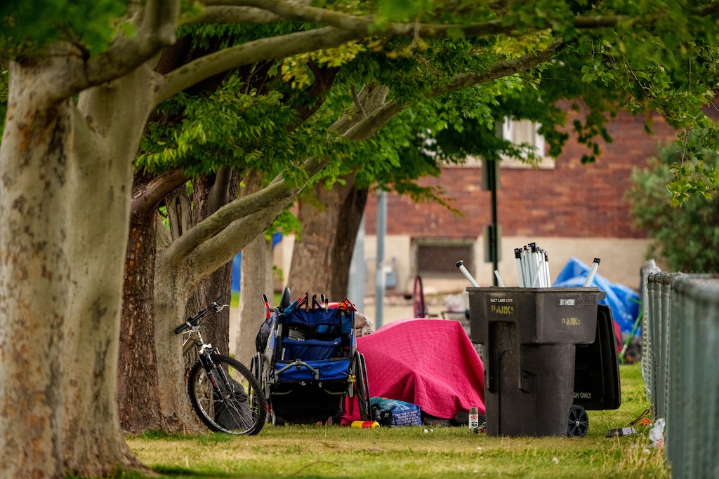 (Trent Nelson | The Salt Lake Tribune) Belongings in Salt Lake City's Herman Franks Park. The state has settled on a site for a new 1,300-bed homeless campus.