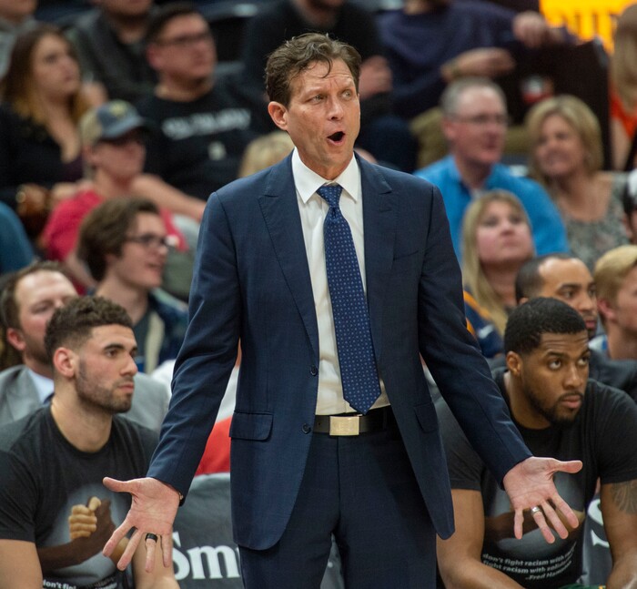 (Rick Egan  |  The Salt Lake Tribune)  Utah Jazz head coach Quin Snyder reacts to a call by the official, in NBA action between Utah Jazz and Brooklyn Nets at Vivint Smart Home Arena, Saturday, March 16, 2019.



