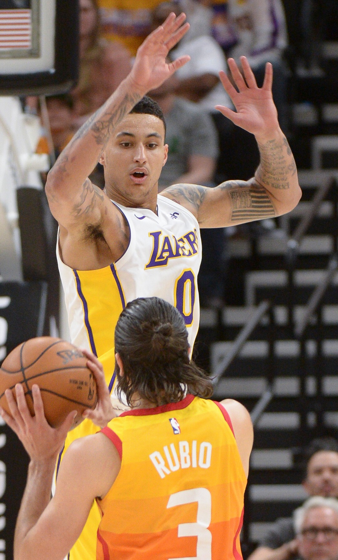 (Leah Hogsten  |  The Salt Lake Tribune)  Los Angeles Lakers forward Kyle Kuzma (0) pressures Utah Jazz guard Ricky Rubio (3). The Utah Jazz defeated the Los Angeles Lakers 117-110 at Vivint Smart Home Arena Tuesday, April 3, 2018