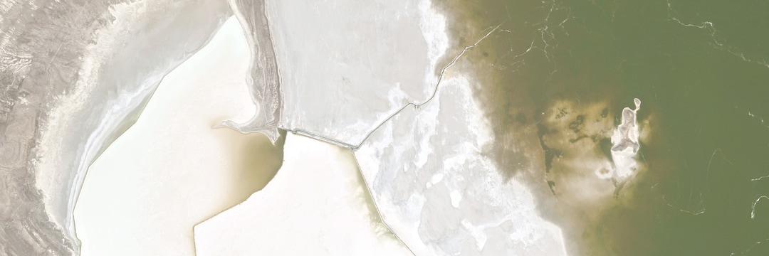 (Planet) A satellite image of Gunnison Island, in the north arm of the Great Salt Lake, on May 26, 2018.