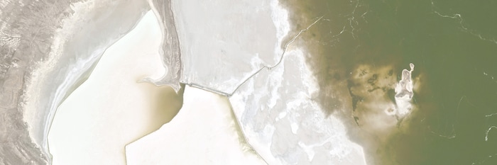 (Planet) A satellite image of Gunnison Island, in the north arm of the Great Salt Lake, on May 26, 2018.