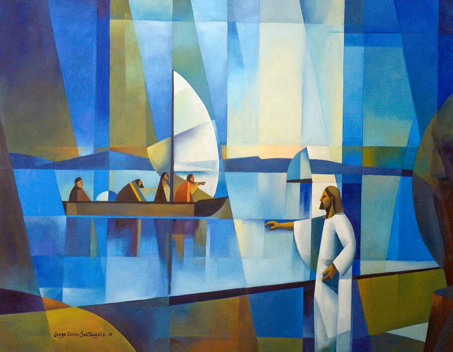 (Leah Hogsten | The Salt Lake Tribune) Jorge Cocco Santngelo's El Llamado "The Call" oil on canvas, 2015. Description reads: Now as he walked by the sea of Galilee, he saw Simon and Andrew his brother casting a net into the sea; for they were fishers. And Jesus said unto them, Come ye after me, and I will make you to become fishers of men, Mark 1:16-17.