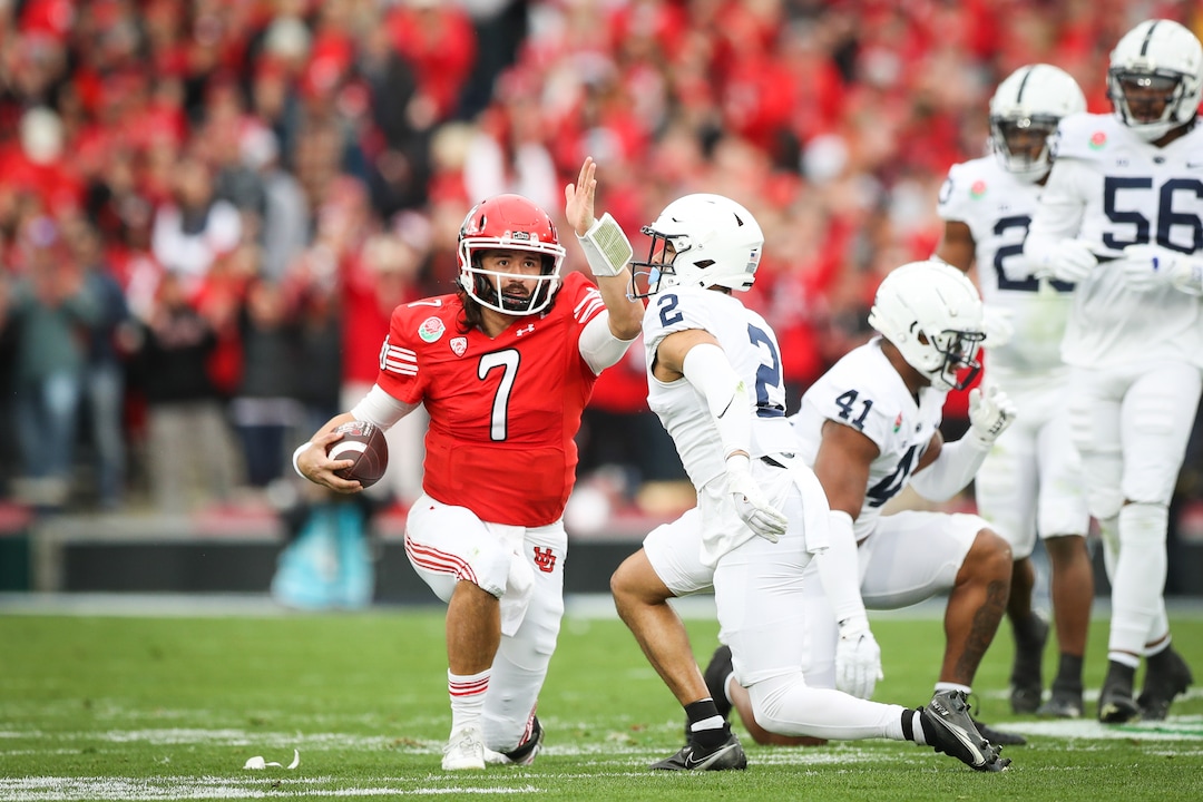 (Meg Oliphant | Special to The Tribune) Utah quarterback Cameron Rising (7) reacts after running the ball in the second quarter against the Penn State Nittany Lions at Rose Bowl Stadium on Jan. 2, 2023 in Pasadena, Calif.
