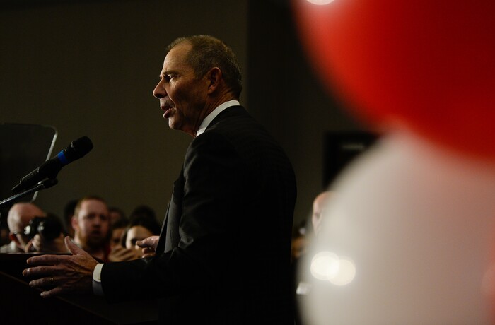 (Francisco Kjolseth  |  The Salt Lake Tribune)  John Curtis, Republican candidate for 3rd Congressional District celebrates his win at the Provo Marriott Hotel & Conference Center Tuesday, Nov. 7, 2017. He will fill the congressional seat recently vacated by Jason Chaffetz.