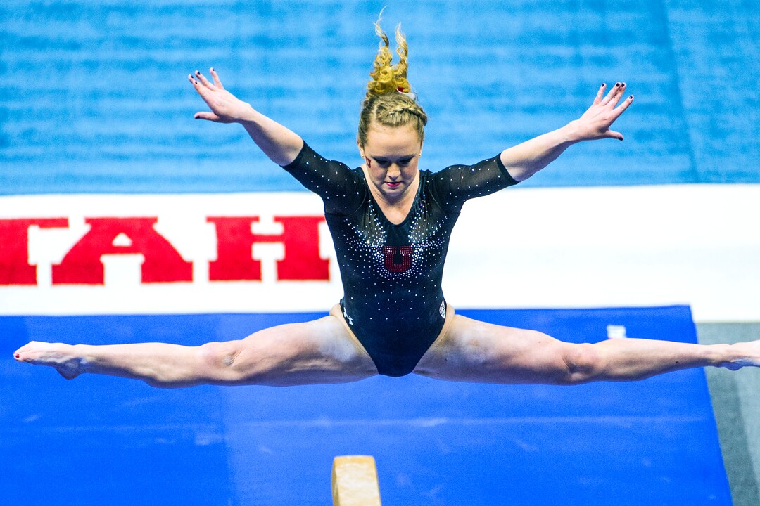 Chris Detrick  |  The Salt Lake TribuneUtah gymnast Maddy Stover performs on the beam during the Red Rocks Preview at the Huntsman Center Friday December 11, 2015.  