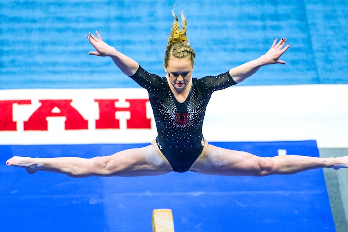 Chris Detrick  |  The Salt Lake TribuneUtah gymnast Maddy Stover performs on the beam during the Red Rocks Preview at the Huntsman Center Friday December 11, 2015.  
