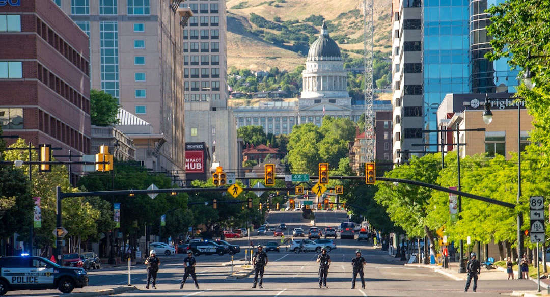(Rick Egan  |  The Salt Lake Tribune) Salt Lake City Police block State Street just minutes into the nightly the protest march for Bernardo Palacios-Carbajal on Tuesday, June 23, 2020.