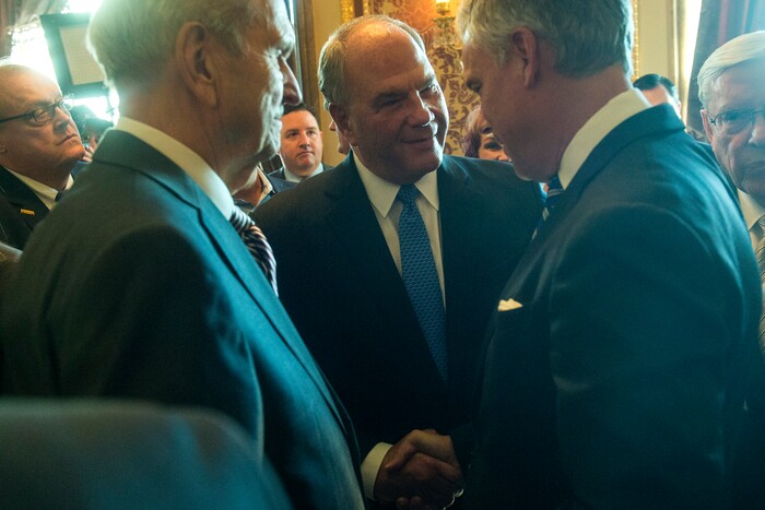 (Chris Detrick  |  The Salt Lake Tribune)  Jon M. Huntsman, Jr., U.S. Ambassador to Russia, meets with Elder Ronald A. Rasband, Quorum of the Twelve Apostles, and Russell M. Nelson, President of the Quorum of the Twelve Apostles,  during an Ambassadorial Swearing in Ceremony at the Utah Capitol Saturday, October 7, 2017. 