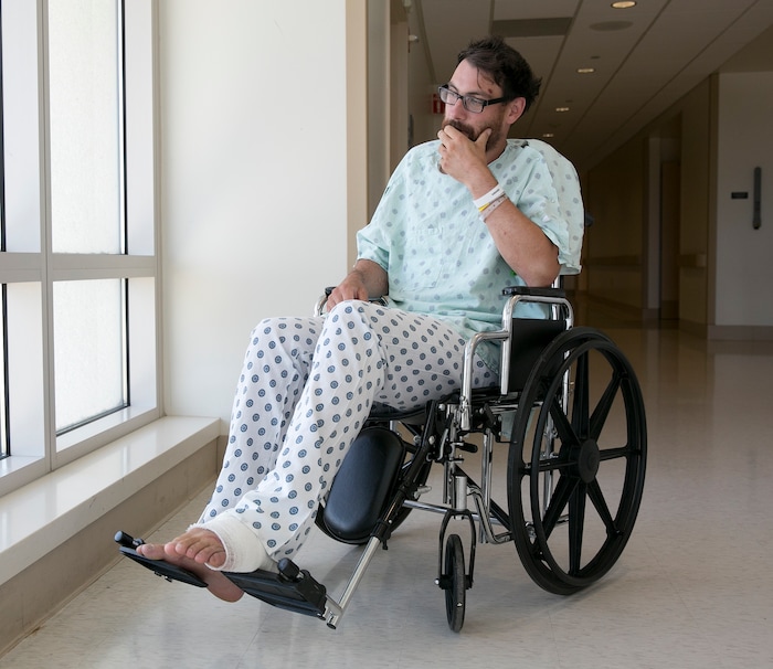 Mathias Steinhuber, of Innsbruck, Austria, who survived being struck by a lighting bolt, pauses while discussing the near-fatal event, Thursday, Aug. 24, 2017, in Sacramento, Calif. Steinhuber had been hiking the Pacific Crest Trail near Donner Summit Tuesday when he stopped to take a photo and was hit by the lighting. He was taken by helicopter to the the Tahoe Forest Hospital in Truckee, before being flown to the University of California, Davis Hospital Burn Center where he is listed in fair condition. (AP Photo/Rich Pedroncelli)