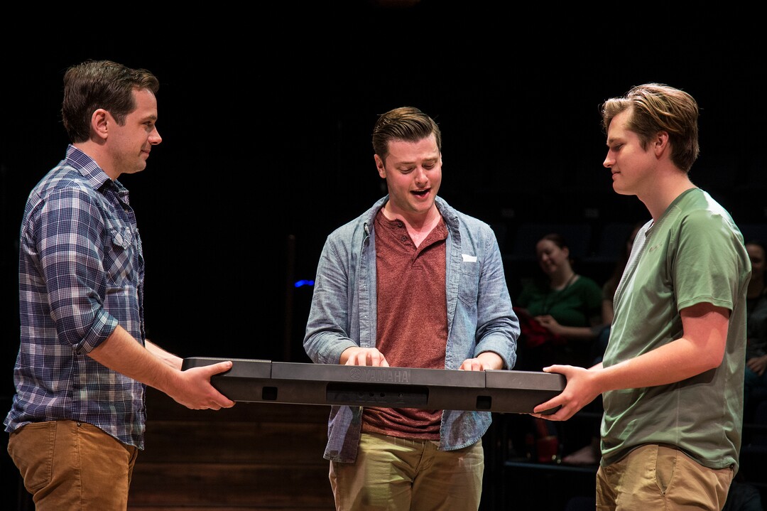(Photo courtesy Karl Hugh/Utah Shakespeare Festival) Michael Doherty i(center) nteracts with a pair of audience members in the Utah Shakespeare Festival production of “Every Brilliant Thing.”