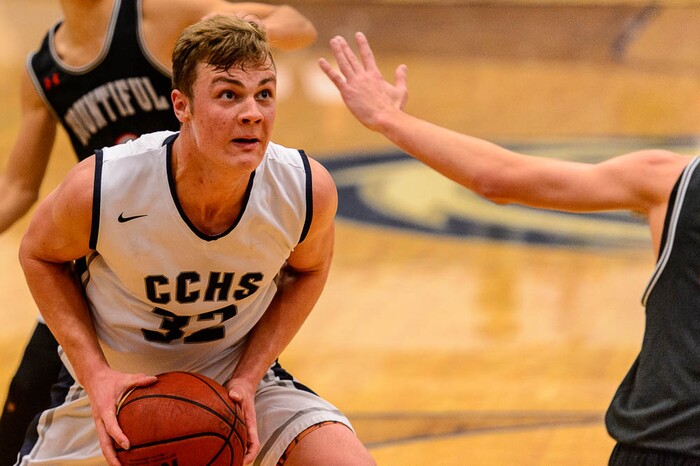 (Trent Nelson | The Salt Lake Tribune)  Corner Canyon's Gabe Toombs (32) looks for a shot as Corner Canyon faces Bountiful in the title game of the Corner Canyon Tournament of Champions, high school boys' basketball in Draper, Saturday December 2, 2017.