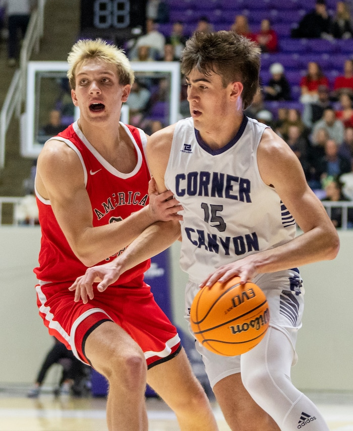 (Rick Egan | The Salt Lake Tribune) Brody Kozlowski, Corner Canyon gets past the defender from American Fork, in the Boys 6A State Championship at Weber State, on Saturday, March 4, 2023.