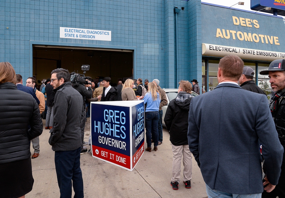 (Francisco Kjolseth  |  The Salt Lake Tribune) People gather for former House Speaker Greg Hughes announcing his campaign for governor at Dee's Automotive in Murray on Wednesday, Jan. 8, 2020.