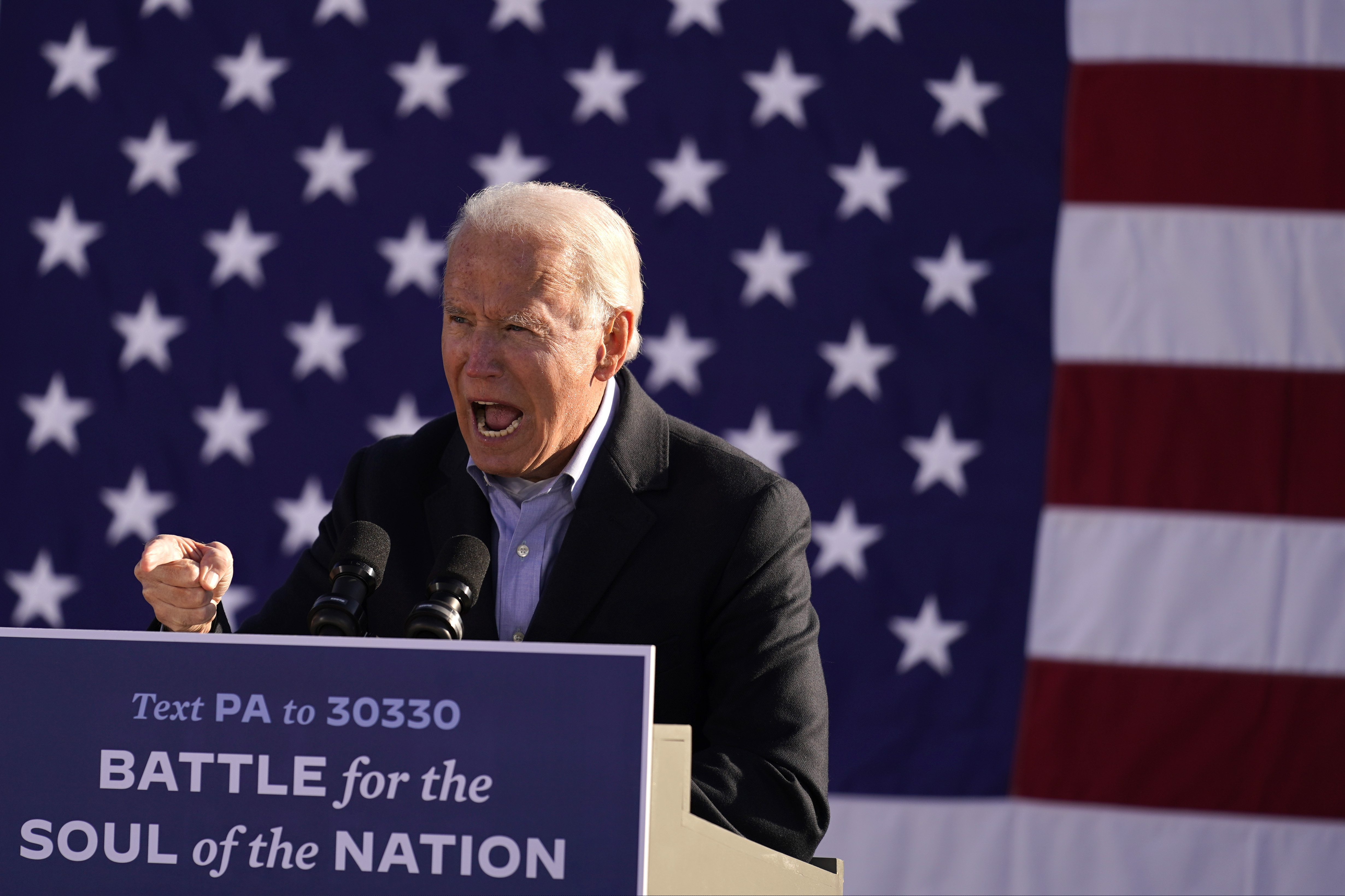 (Andrew Harnik | AP) Democratic presidential candidate former Vice President Joe Biden speaks at a rally at Community College of Beaver County, Monday, Nov. 2, 2020, in Monaca, Pa.