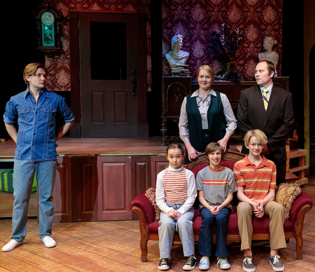 1. (Courtesy photograph by dav.d daniels of dav.d photography) | Topher Rasmussen, Natalia Bingham, Oliver Kokai-Means, Matthew Rees, Ashley Wilkinson and Benjamin Henderson in Salt Lake Acting Company's "Fun Home."