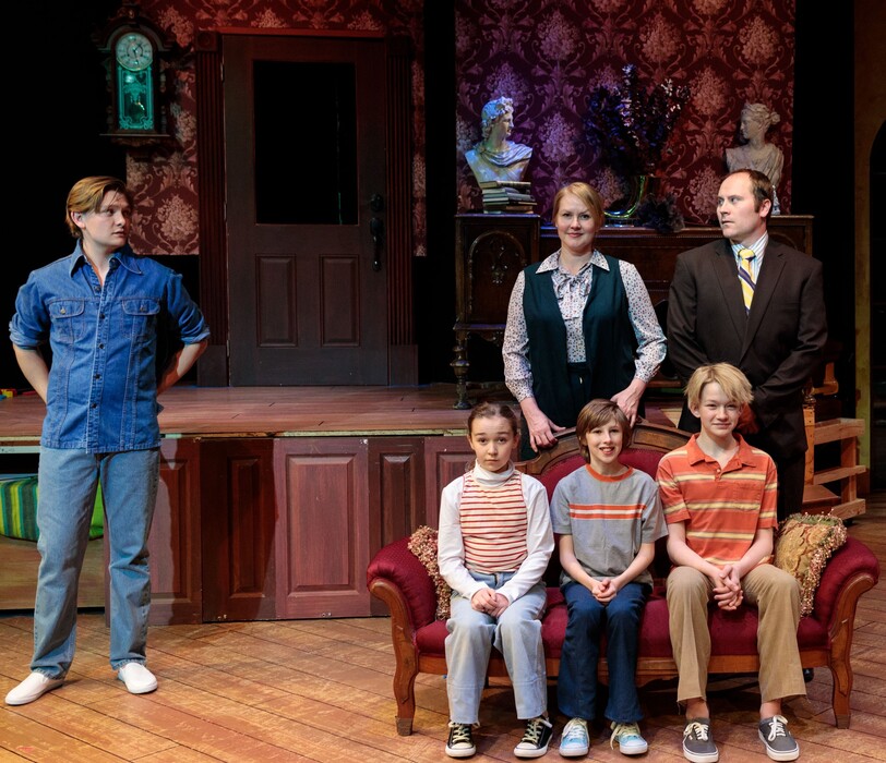 1. (Courtesy photograph by dav.d daniels of dav.d photography) | Topher Rasmussen, Natalia Bingham, Oliver Kokai-Means, Matthew Rees, Ashley Wilkinson and Benjamin Henderson in Salt Lake Acting Company's "Fun Home."