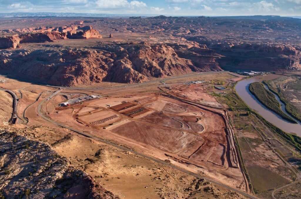 (Department of Energy) An aerial view of the Moab Uranium Mill Tailings Remedial Action (UMTRA) site north of Moab, where more than 16 million tons of radioactive mill waste have been removed as part of a decades-long cleanup effort.