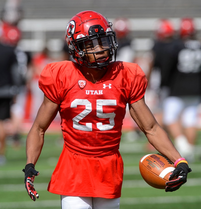 (Steve Griffin  |  The Salt Lake Tribune) Utah wide receiver Jaylen Dixon runs back tot he huddle after catching a pass during the University of Utah football team's first scrimmage at Rice-Eccles Stadium in Salt Lake City Friday March 30, 2018.